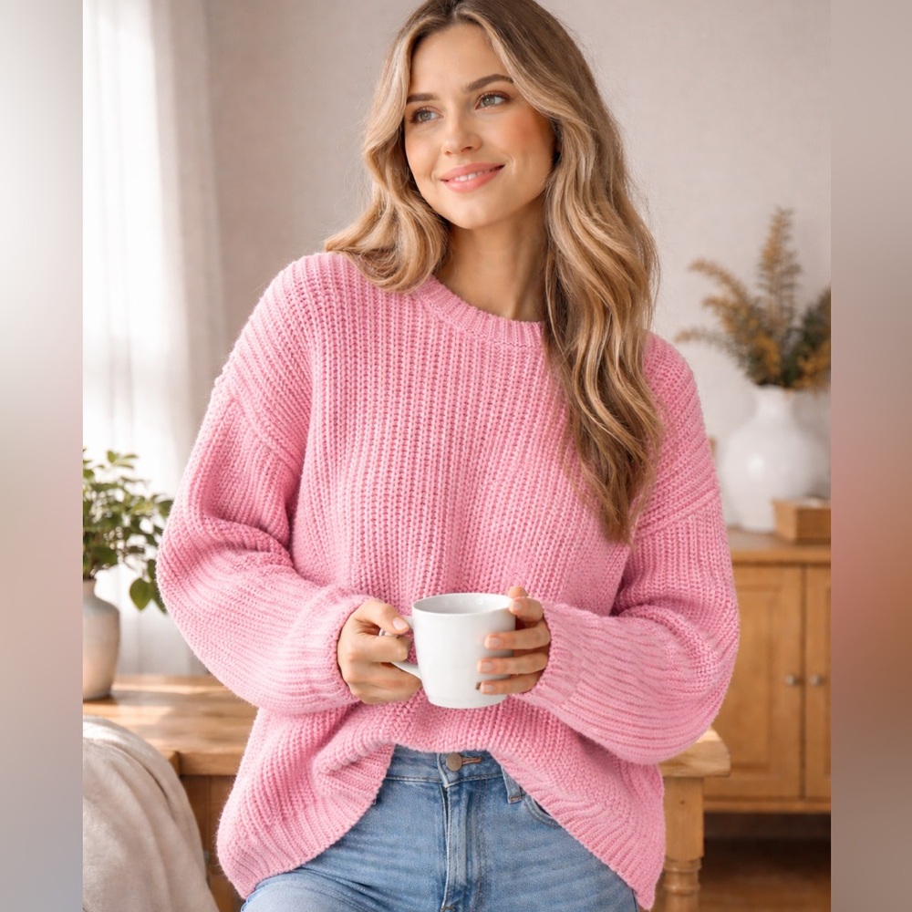 Aerie Pink Soft Chunky-Knit Sweater Cowl Neck Cozy Cotton Pullover Woman’s L